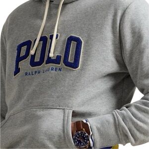 Polo Ralph Lauren Logo Appliqué Fleece Hoodie Gray Embroidered Blue Pony XL NWT